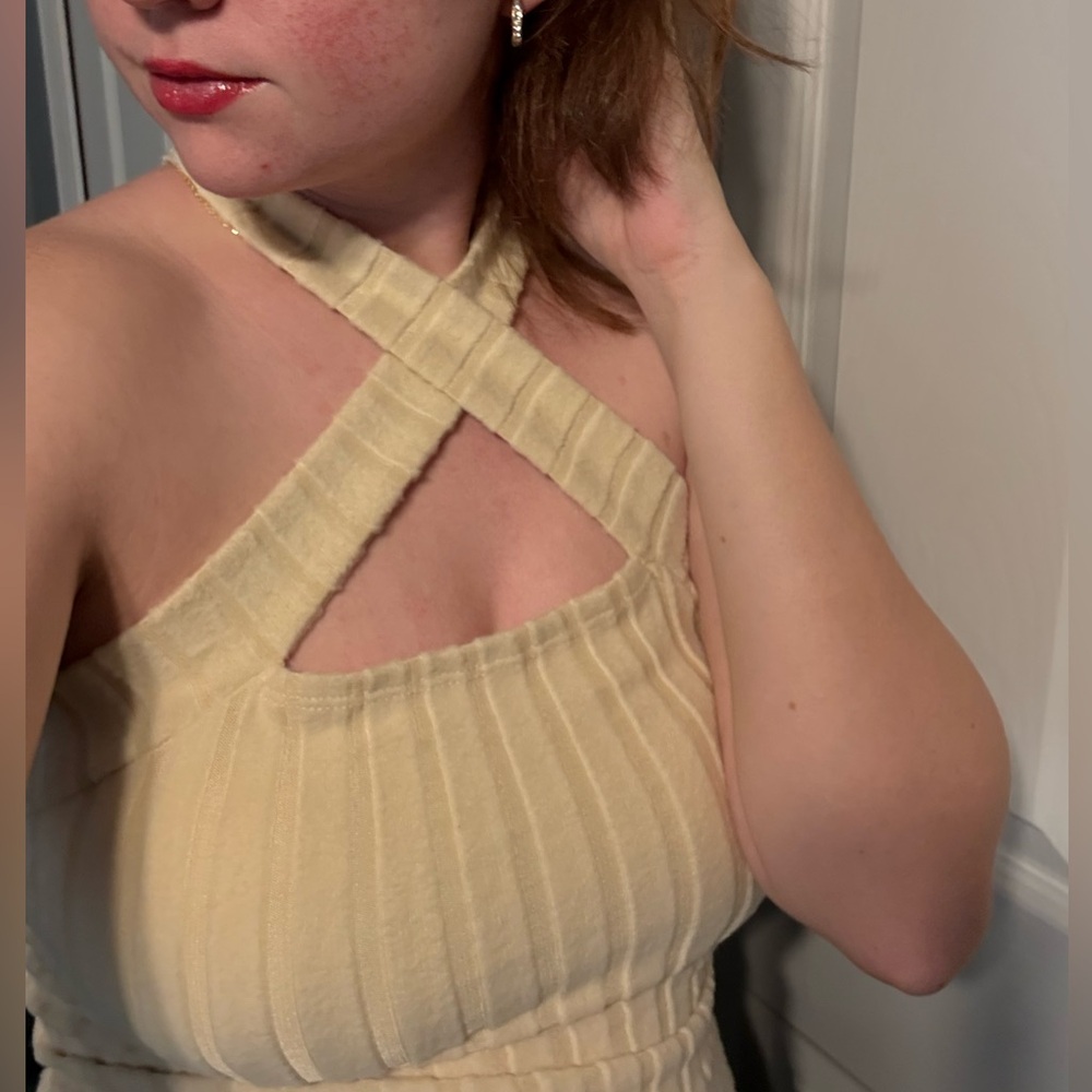 Cream Ribbed Halter Top w/ Cutout
